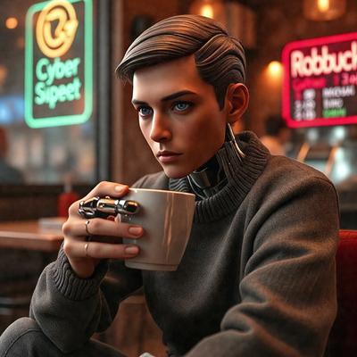 The primary subject of the image is a man sitting in a chair, holding a cup of coffee. The setting is a restaurant, as indicated by the presence of a dining table and chairs. The visual style is a digital art, with the man's hair and facial features being depicted in a realistic manner. The colors in the image are predominantly neutral, with the man's hair being gray, and the overall atmosphere is calm and relaxed.